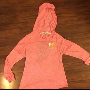 PINK long sleeve keyhole back shirt with hood